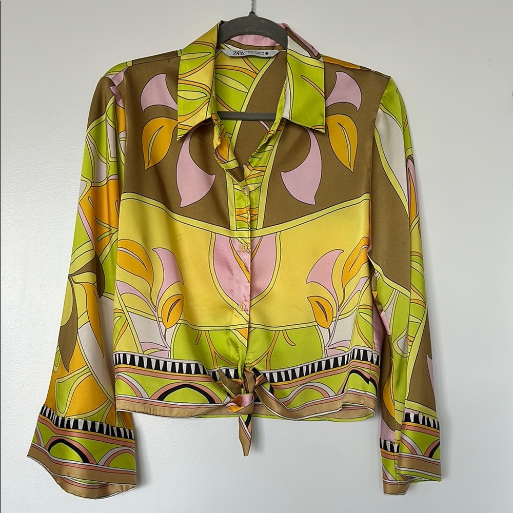 Zara Yellow and Green Graphic Tie Front Blouse